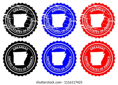 Arkansas - rubber stamp - vector, Arkansas (United States of America) map pattern - sticker - black, blue and red 