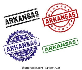 ARKANSAS seal prints with distress style. Black, green,red,blue vector rubber prints of ARKANSAS tag with grunge texture. Rubber seals with round, rectangle, rosette shapes.