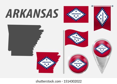 ARKANSAS. Set of national infographics elements with various flags, detailed maps, pointer, button and different shapes badges. Patriotic 3d symbols for Sport, Patriotic, Travel, Design, Template.