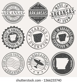 Arkansas Set of Stamps. Travel Stamp. Made In Product. Design Seals Old Style Insignia.