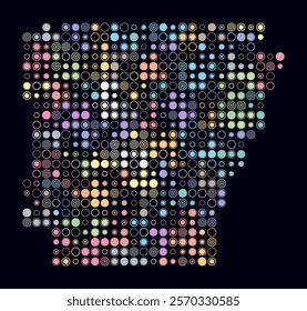 Arkansas, shape of the state build of colored cells. Digital style map of the Arkansas on dark background. Large size circle blocks. Creative vector illustration.