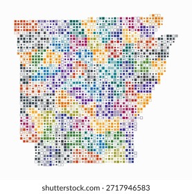 Arkansas, forma da construção estadual de células coloridas. Mapa de estilo digital do Arkansas sobre fundo branco. Blocos quadrados de tamanho pequeno. Ilustração vetorial moderna.