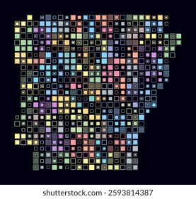 Arkansas, shape of the state built of colored cells. Digital style map of Arkansas on a dark background. Large size square blocks. Modern vector illustration.