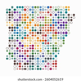 Arkansas, shape of the state built of colored cells. Digital style map of Arkansas on white background. Large size circle blocks. Plain vector illustration.