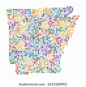 Arkansas, shape of the state built of colored cells. Digital style map of Arkansas on a white background. Small size rounded square blocks. Artistic vector illustration.