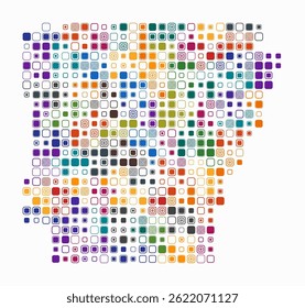Arkansas, shape of the state built of colored cells. Digital style map of Arkansas on a white background. Large size rounded square blocks. Trending vector illustration.