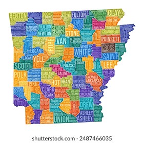 Arkansas shape. State word cloud with county division. Arkansas colored illustration. County names cloud. Vector illustration.