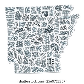 Arkansas shape text cloud. State border with shadow on white background. Arkansas with counties division in vintage gazette style. Artistic vector illustration.