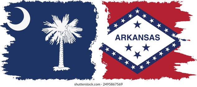 Arkansas and South Carolina states grunge brush flags connection, vector