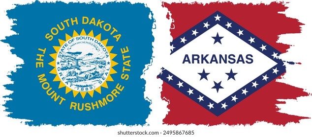 Arkansas and South Dakota states grunge brush flags connection, vector