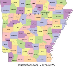 Arkansas state administrative map with counties. Colored. Vectored. Bright colors