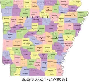 Arkansas state administrative map with counties and seats. Colored. Vectored. Bright colors