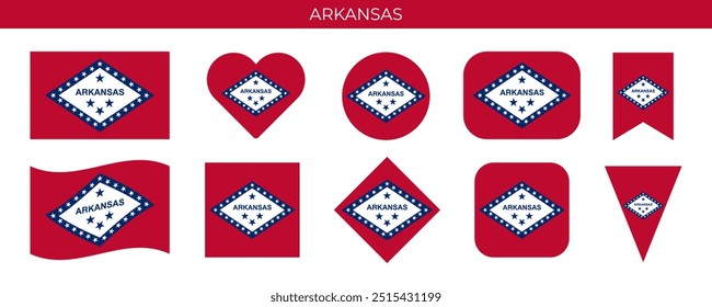 Arkansas state flag set. American state flag of different shapes. Vector illustration isolated on white background