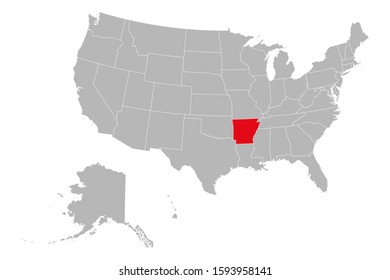 Arkansas state highlighted red color on USA map. Gray background. USA political map.