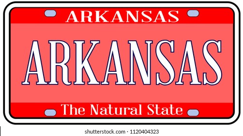 Arkansas state license plate in the colors of the state flag with Arkansas text over a white background