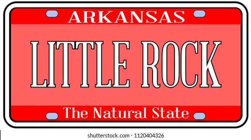 Arkansas state license plate in the colors of the state flag with the capital Little Rock text over a white background