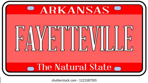 Arkansas state license plate in the colors of the state flag with the city Fayetteville text over a white background