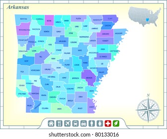 Mapa estatal de Arkansas con ayuda comunitaria y activa iconos Iconos Ilustración original