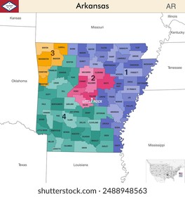 Arkansas state map with counties borders and colored congressional districts boundaries due to The 2020 United States census and which is valid since 2023. Flag of Arkansas. Vector