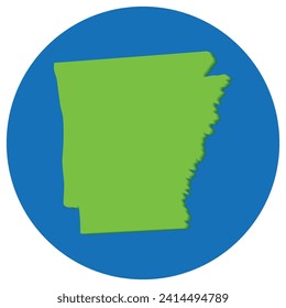 Arkansas state map in globe shape green with blue circle color. Map of the US state of Arkansas.