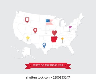 Arkansas State map highlighted on USA map. Arkansas map on United state of America with flag and navigation icons.