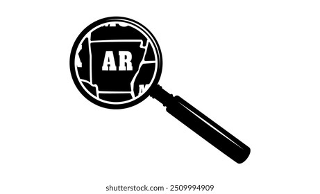 ARKANSAS state map in magnifying glass, black isolated silhouette