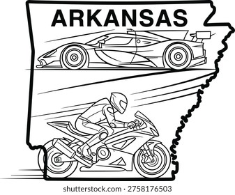 Arkansas State Map Outline Featuring Supercar and Sport Motorcycle Racing Illustration for Motorsports Fans Speed Enthusiasts and Regional Automotive Vector Design