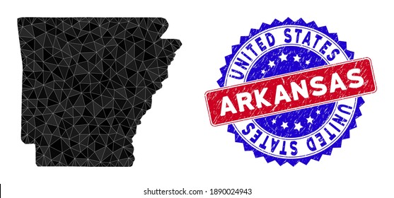 Arkansas State map polygonal mesh with filled triangles, and textured bicolor seal. Triangle mosaic Arkansas State map with mesh vector model, triangles have randomized sizes, and positions,