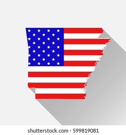 Arkansas state map in style of USA national flag. Flat style with long shadow