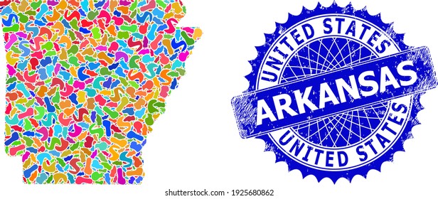 Plantilla de mapa del estado de Arkansas. Collage de la ranura y sello de goma y mapa del estado de Arkansas. Sello de sello azul rosetón con leyenda y mapa del estado de Arkansas.