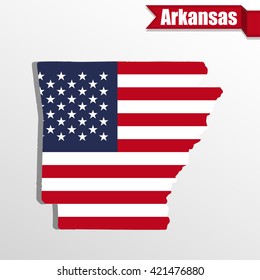 Arkansas  State map with US flag inside and ribbon