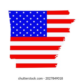 Arkansas state map vector silhouette illustration. United States of America flag over Arkansas map. USA, American national symbol of pride and patriotism. Vote election campaign banner.