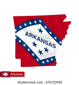 Arkansas state map with waving flag of US State. Vector illustration.