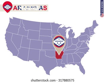 Arkansas State on USA Map. Arkansas flag and map. US States.