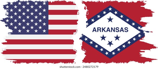 Arkansas state and USA grunge flags connection, vector