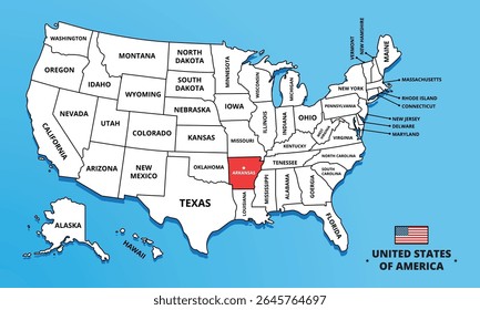 Arkansas State, USA. Highlighted map on Arkansas. Editable blank vector map of USA