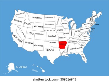 Arkansas State, USA, vector map isolated on United states map. Editable blank vector map of USA.