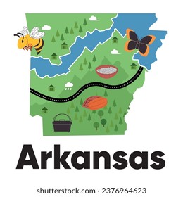 Arkansas states map shape with green forest natural animal and icon vector safari drawing illustration 