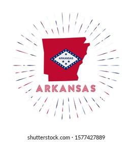 Arkansas sunburst badge. The us state sign with map of Arkansas with state flag. Colorful rays around the logo. Vector illustration.