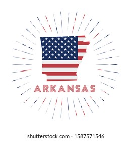 Arkansas sunburst badge. The US state sign with a map of Arkansas with the American flag. Colorful rays around the logo. Vector illustration.