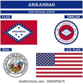 Arkansas Symbol collection with flag, seal, US flag and emblem as vector.
