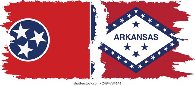 Arkansas and Tennessee states grunge brush flags connection, vector