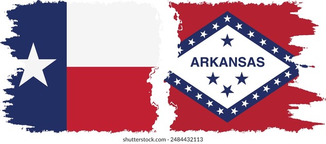 Arkansas and Texas states grunge brush flags connection, vector