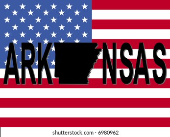 Arkansas text with map on American flag illustration