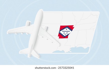 Arkansas Travel Illustration with Plane and National Flag. Ideal for travel agencies, promotional materials, or geographic content related to Arkansas.