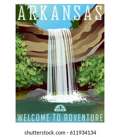 Arkansas travel poster or sticker. Vector illustration of beautiful waterfall over rocky ledge