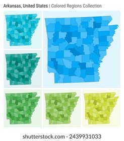 Arkansas, United States. Map collection. State shape. Colored counties. Light Blue, Cyan, Teal, Green, Light Green, Lime color palettes. Border of Arkansas with counties. Vector illustration. svg