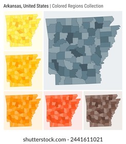 Arkansas, United States. Map collection. State shape. Colored counties. Blue Grey, Yellow, Amber, Orange, Deep Orange, Brown color palettes. Border of Arkansas with counties. Vector illustration. svg