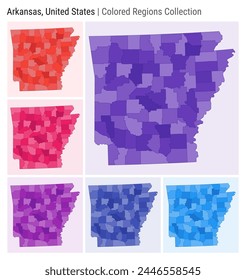 Arkansas, United States. Map collection. State shape. Colored counties. Deep Purple, Red, Pink, Purple, Indigo, Blue color palettes. Border of Arkansas with counties. Vector illustration. svg
