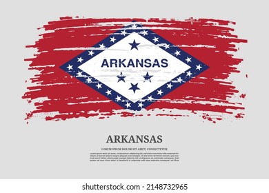 Arkansas US flag with brush stroke effect and information text poster, vector background